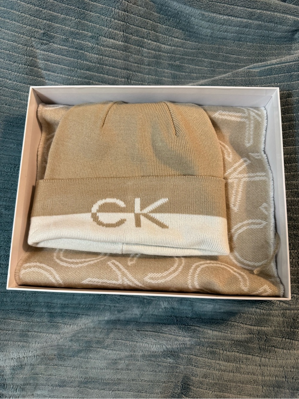 Calvin Klein Tan and White CK Cuffed Beanie with matching CK Logo Scarf